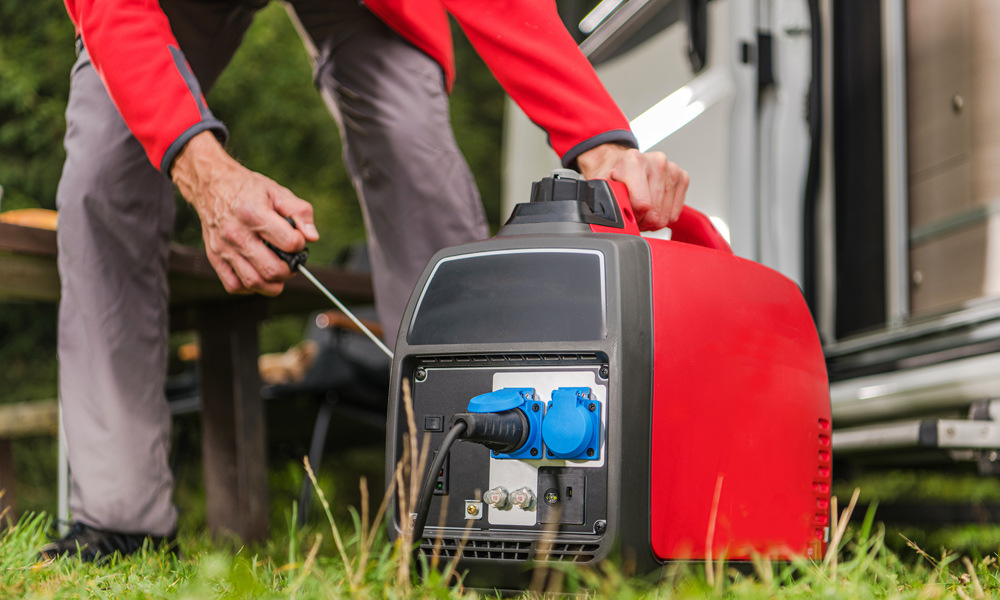 Portable generator powering an RV at a campsite