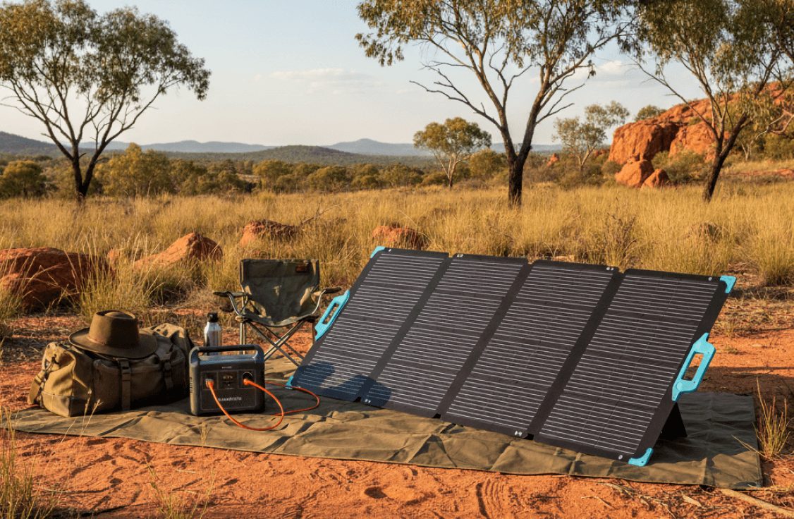 Folding suitcase solar panel set up at a campsite