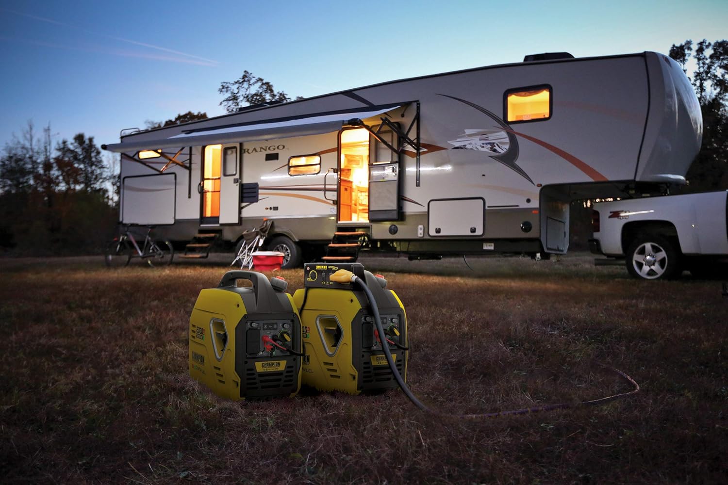 Quiet inverter generator running at an RV campsite