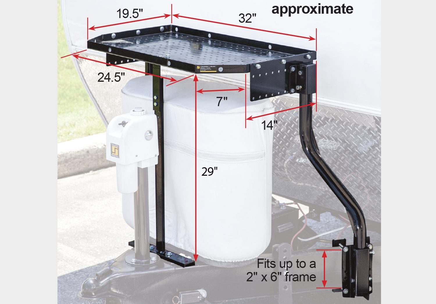 Stromberg Carlson CC-255 trailer tray installed on an A-frame tongue