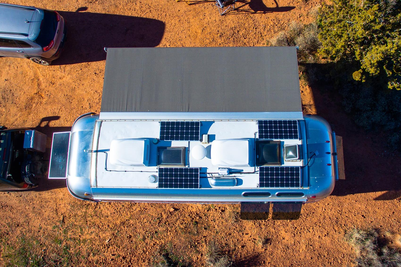 Travel trailer with rooftop solar panels while boondocking